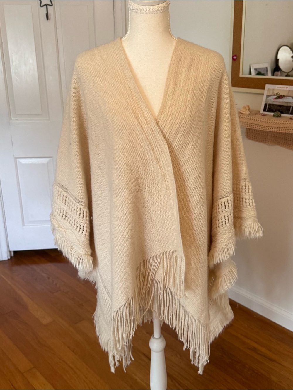 SAACHI Beige Fringed Trim Open-Work Stitching Knit Wrap / Poncho One Size